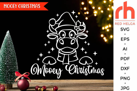 Mooey Christmas SVG, Cow in a Santa Hat DXF, Christmas Scene Cut File, Xmas Window, Holiday Design, Farmhouse Winter Theme, Heifer Outline, Farm Christmas SVG RedHelgaArt 