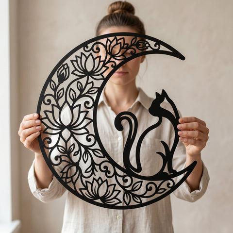 Moon Cat Laser SVG | Floral Crescent Moon Cat Cut File | Laser Cut SVG Dxf | CNC Plasma Metal Art | Cat Wall Decor Digital Download SVG HappyDesignStudio 