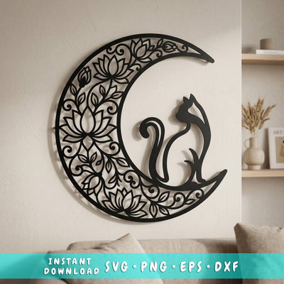 Moon Cat Laser SVG | Floral Crescent Moon Cat Cut File | Laser Cut SVG Dxf | CNC Plasma Metal Art | Cat Wall Decor Digital Download SVG HappyDesignStudio 