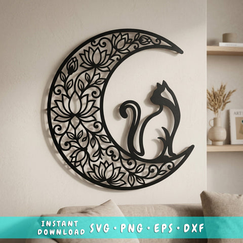 Moon Cat Laser SVG | Floral Crescent Moon Cat Cut File | Laser Cut SVG Dxf | CNC Plasma Metal Art | Cat Wall Decor Digital Download SVG HappyDesignStudio 