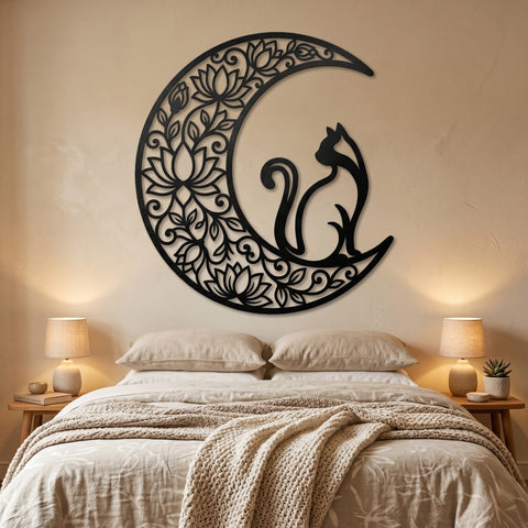 Moon Cat Laser SVG | Floral Crescent Moon Cat Cut File | Laser Cut SVG Dxf | CNC Plasma Metal Art | Cat Wall Decor Digital Download SVG HappyDesignStudio 