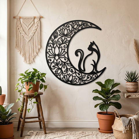 Moon Cat Laser SVG | Floral Crescent Moon Cat Cut File | Laser Cut SVG Dxf | CNC Plasma Metal Art | Cat Wall Decor Digital Download SVG HappyDesignStudio 