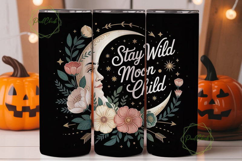 Moon Child Floral Tumbler Wrap PNG Sublimation PixelChick 