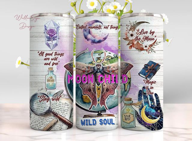 Moon Child Wild Soul Butterfly Celestial Boho 20oz Skinny Tumbler Wrap Inspiration PNG Sublimation Designs Download Sublimation WillowSageDesign 