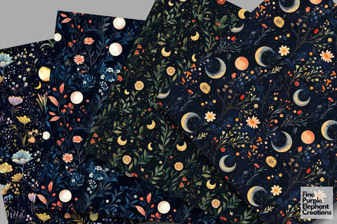 Moon Floral Night Digital Paper | Cosmic Celestial Space Sublimation Digital Pattern Fine Purple Elephant Creations 