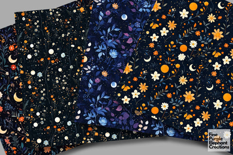 Moon Floral Night Digital Paper | Cosmic Celestial Space Sublimation Digital Pattern Fine Purple Elephant Creations 
