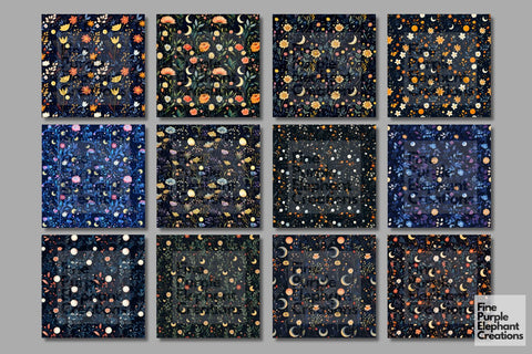 Moon Floral Night Digital Paper | Cosmic Celestial Space Sublimation Digital Pattern Fine Purple Elephant Creations 