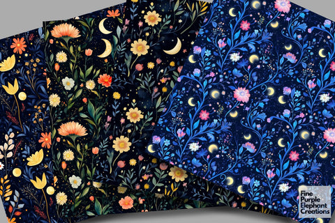 Moon Floral Night Digital Paper | Cosmic Celestial Space Sublimation Digital Pattern Fine Purple Elephant Creations 