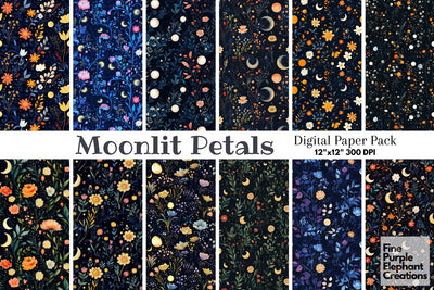 Moon Floral Night Digital Paper | Cosmic Celestial Space Sublimation Digital Pattern Fine Purple Elephant Creations 