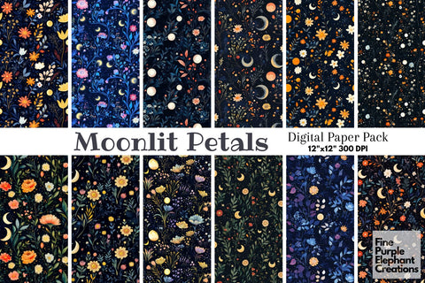 Moon Floral Night Digital Paper | Cosmic Celestial Space Sublimation Digital Pattern Fine Purple Elephant Creations 
