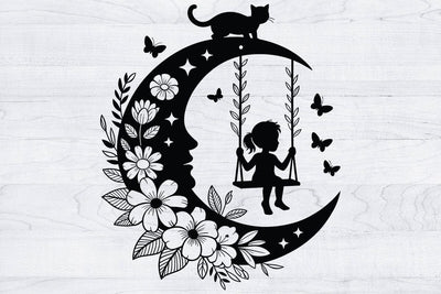 Moon Kitten Floral SVG, Cat on Swing Clipart, Digital Files SVG artprintfile 