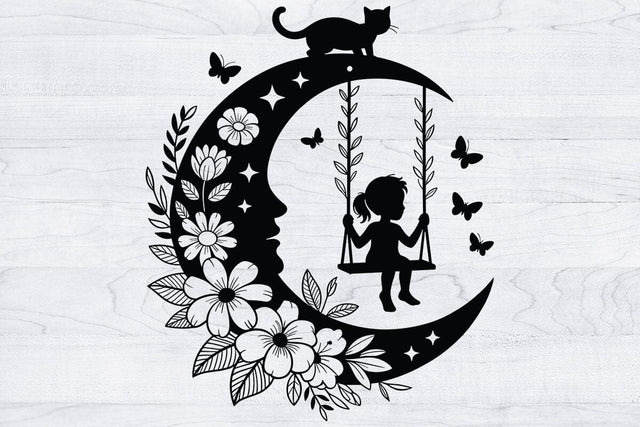 Moon Kitten Floral SVG, Cat on Swing Clipart, Digital Files SVG artprintfile 