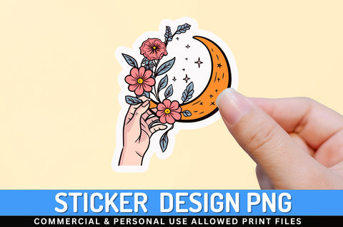 Moon with flower and hand clipart Sticker Design Sublimation Regulrcrative 