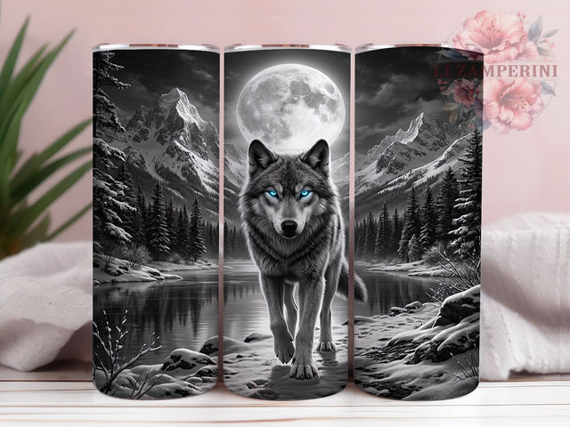 Moonlit Blue Wolf 20oz Tumbler, Moonlit Wolf, Blue Wolf Tumbler, Wolf Tumbler Wrap, Moon Wolf Tumbler, Wolf Moon PNG, Sublimation Wrap, 20oz Tumbler Wrap Sublimation Li Zamperini 