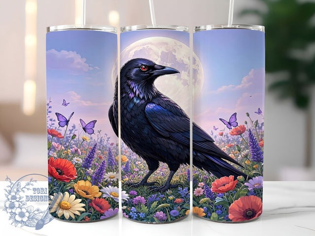 Moonlit Crow in Wildflower Field 20oz Tumbler, Moonlit Crow, Wildflower Field, Gothic Nature, Sublimation Wrap, 20oz Tumbler, Mystical Aesthetic, Enchanted Charm Sublimation ToriDesigns 