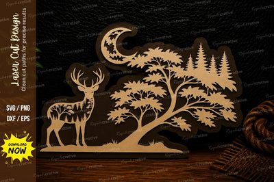 Moonlit Deer Forest Tree Laser Cut SVG Design SVG Regulrcrative 