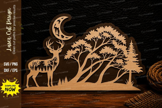 Moonlit Deer Woodland Scene Laser Cut SVG Design SVG Regulrcrative 