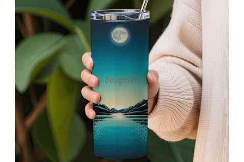 Moonlit Mountain Lake 20oz Tumbler Wrap Sublimation DesignSVG 