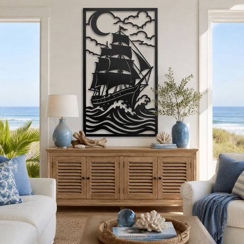 Moonlit Sailing Ship Laser SVG | Pirate Ship DXF | Nautical Metal Wall Art | CNC Plasma Cut File | Coastal Ocean Scene SVG HappyDesignStudio 