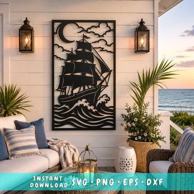 Moonlit Sailing Ship Laser SVG | Pirate Ship DXF | Nautical Metal Wall Art | CNC Plasma Cut File | Coastal Ocean Scene SVG HappyDesignStudio 