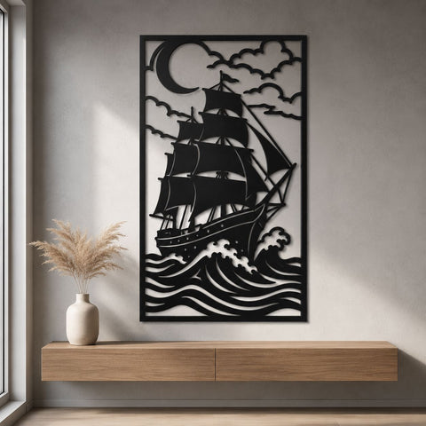 Moonlit Sailing Ship Laser SVG | Pirate Ship DXF | Nautical Metal Wall Art | CNC Plasma Cut File | Coastal Ocean Scene SVG HappyDesignStudio 