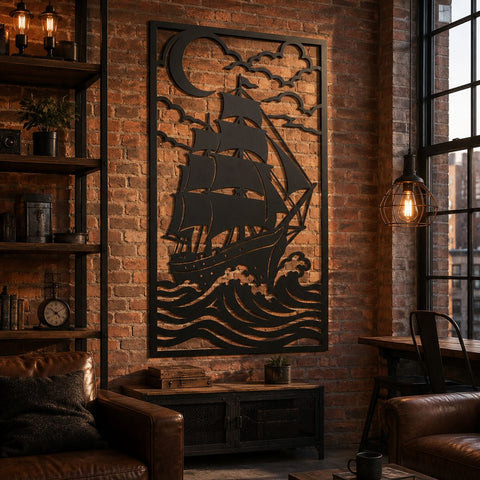 Moonlit Sailing Ship Laser SVG | Pirate Ship DXF | Nautical Metal Wall Art | CNC Plasma Cut File | Coastal Ocean Scene SVG HappyDesignStudio 
