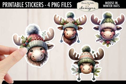 Moose In Hats Printable Christmas Stickers | 4 PNG Stickers Sublimation Ewe-N-Me Designs 