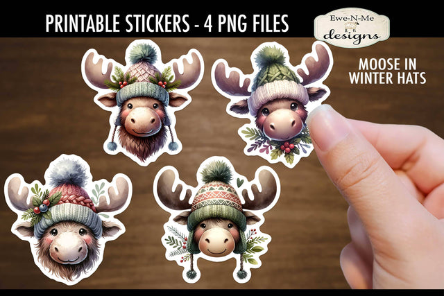 Moose In Hats Printable Christmas Stickers | 4 PNG Stickers Sublimation Ewe-N-Me Designs 