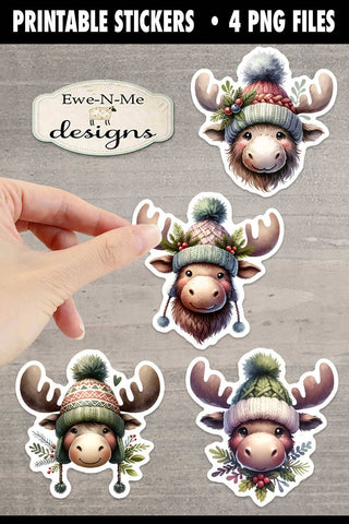 Moose In Hats Printable Christmas Stickers | 4 PNG Stickers Sublimation Ewe-N-Me Designs 