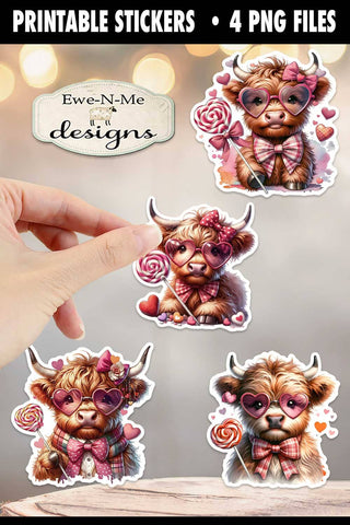 Moose In Hats with Hearts Printable Valentine Stickers | 4 PNG Stickers Sublimation Ewe-N-Me Designs 