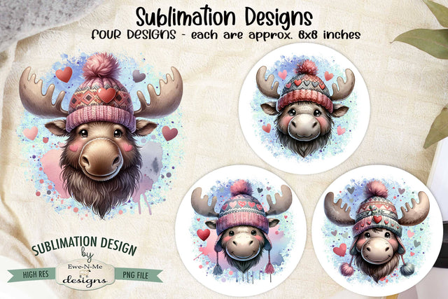 Moose in Knit Hats Sublimation Designs | Valentine PNG Sublimation Ewe-N-Me Designs 