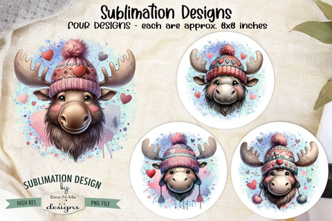 Moose in Knit Hats Sublimation Designs | Valentine PNG Sublimation Ewe-N-Me Designs 