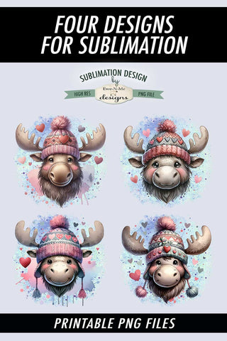 Moose in Knit Hats Sublimation Designs | Valentine PNG Sublimation Ewe-N-Me Designs 