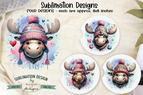 Moose in Knit Hats Sublimation Designs | Valentine PNG Sublimation Ewe-N-Me Designs 