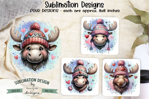 Moose in Knit Hats Sublimation Designs | Valentine PNG Sublimation Ewe-N-Me Designs 