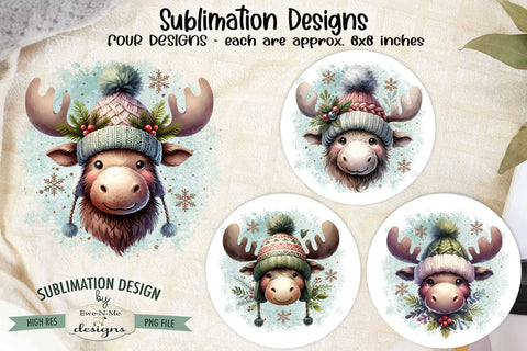 Moose in Winter Hats Sublimation Designs | Christmas PNG Sublimation Ewe-N-Me Designs 