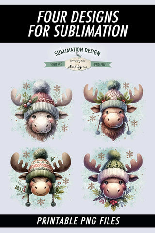 Moose in Winter Hats Sublimation Designs | Christmas PNG Sublimation Ewe-N-Me Designs 