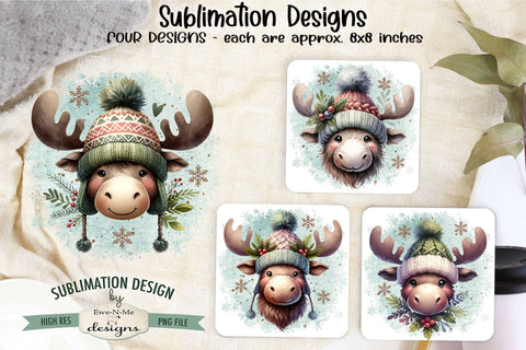 Moose in Winter Hats Sublimation Designs | Christmas PNG Sublimation Ewe-N-Me Designs 