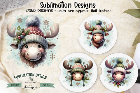 Moose in Winter Hats Sublimation Designs | Christmas PNG Sublimation Ewe-N-Me Designs 