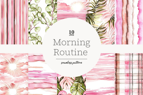Morning Routine Papers | Pink Background Set Digital Pattern GlamArtZhanna 