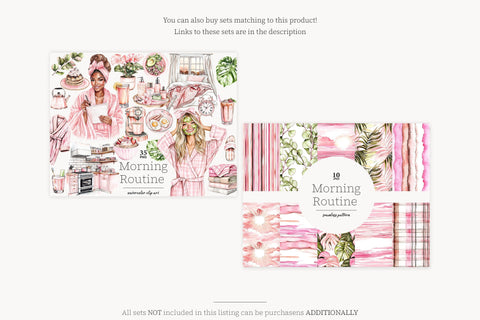 Morning Routine Papers | Pink Background Set Digital Pattern GlamArtZhanna 