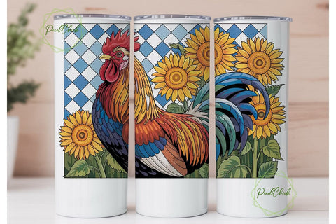 Mosaic Rooster & Sunflowers 20oz Tumbler Sublimation PixelChick 