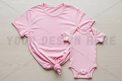 Mother and baby matching pink t-shirt and onesie set Mock Up Photo Regulrcrative 