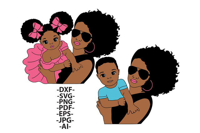 Mother and Baby SVG Bundle with Afro Mom and Black Girl or Boy | Stylish Mommy and Me Clipart, PNG for Cricut, Sublimation, DXF Files SVG 1uniqueminute 