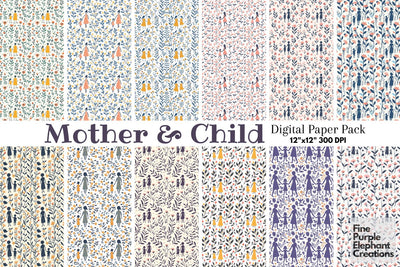 Mother and Child Digital Paper | Mother's Day Pattern Digital Pattern Fine Purple Elephant Creations 