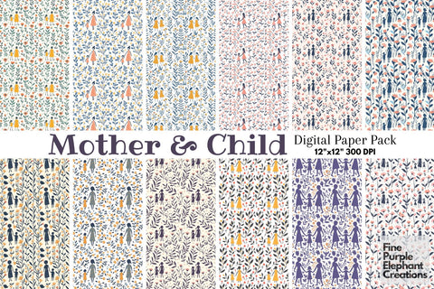 Mother and Child Digital Paper | Mother's Day Pattern Digital Pattern Fine Purple Elephant Creations 