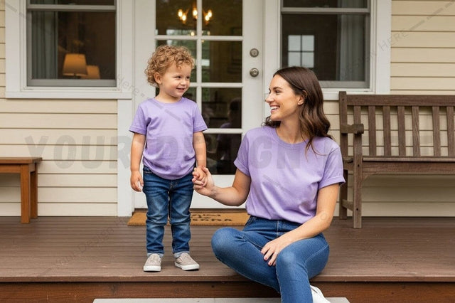 Mother and child wearing matching lavender t-shirts Mock Up Photo Regulrcrative 