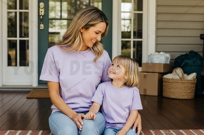 Mother and child wearing matching lavender t-shirts Mock Up Photo Regulrcrative 