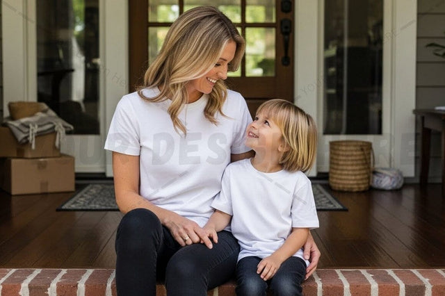 Mother and child wearing matching white t-shirts Mock Up Photo Regulrcrative 