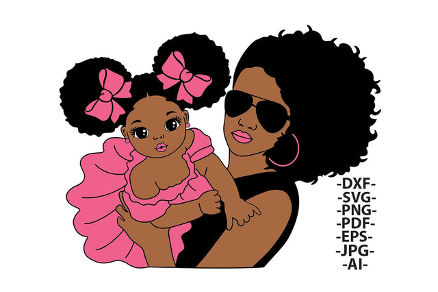 Mother and Daughter SVG Black Girl Afro Hair Clipart with Sunglasses and Pink Dress PNG DXF PDF EPS JPG AI Cute Mother’s Day Cricut Design SVG 1uniqueminute 